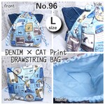 NO.96 猫耳付き巾着袋 Lサイズ 額縁猫柄ブルー×デニム 裏地付き