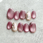 pink magnet design ~くすみピンクマグ×ニュアンス~【現品販売/ サイズオーダー受付】　ニュアンスネイル　個性派ネイル　マグネットネイル　秋ネイル　休日ネイル　ネイルチップ　リボン　