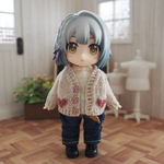 ハート模様カーディガン❤︎11cmドールサイズ❤︎生成(綿麻)・ローズウッドのハート