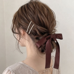 24時間発送 ダークブラウン/ フック付 ワイド ベロアリボン ボニーフック ブライダル ヘアリボン ベルベット 