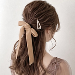 【キャメル】幅広 ベロアリボン のポニーフック  ヘアリボン 