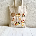 Cafe-sweets☆羊毛刺繍  リネントート〜フルーツパフェ＆プリンアラモード🍮🍒🍎🍓🥝🍌