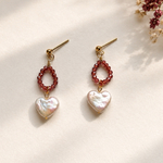 天然石とハートパールの華やかピアス♡ギフトにもおすすめ/ガーネット　アメジスト　揺れるピアス　秋冬　赤　紫