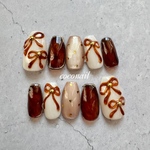 𓂃caramel Chocolat ribbon𓂃キャラメルショコラリボン🫧‪𓂃ネイルチップ   ブラウンネイル　　成人式ネイル　ハートネイル　べっ甲ネイル  マグネットネイル 秋ネイル