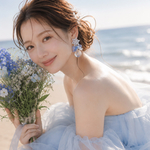 ブルーの花びらとガラスドームの涼しげなアクセサリー　ウェディングアクセサリー　ウェディングピアス　ブライダルアクセサリー
