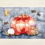 🎃透明水彩画「くまちゃんのハロウィン」イラスト　ポストカード　２枚セット クマ　熊　コウモリ　秋 カボチャ　北欧　メッセージカード　ハロウィンインテリア