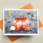 🎃透明水彩画2枚セット 「くまちゃんのハロウィン」クマ　熊　イラストミニカード ハロウィンカード　バースデーカード 秋 カボチャ　ハロウィン　北欧　秋