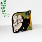 Ｌ字ファスナーミニ財布 黒猫と牡丹 山吹