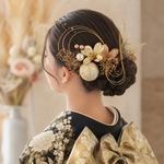 成人式髪飾り　ゴールドフラワーの髪飾り　プリザーブドフラワー　結婚式髪飾り　和装　成人式　髪飾り　お呼ばれ　水引　金箔　成人式　髪飾り　人気　振袖　髪飾り