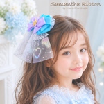 【オーロラチュール付リボン 水色❤︎パープル】ヘアクリップ　ヘアゴム カチューシャ