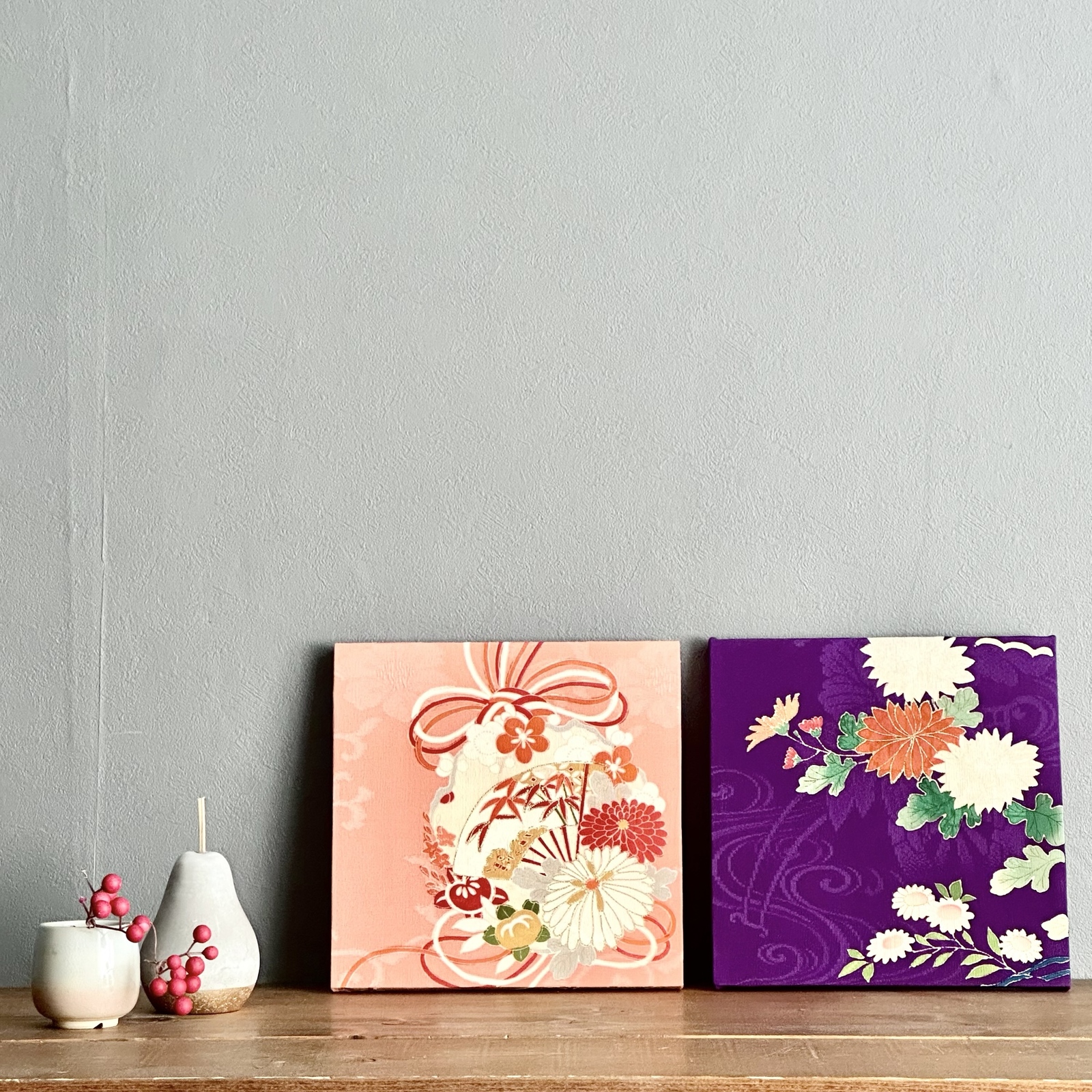 ヴィンテージ着物 ファブリックパネル 花に舞う鳳凰（2枚組）30×30cm