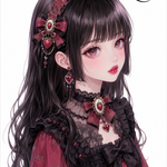 【A-37】A6人物シート 1枚｜黒髪女性｜ボルドーゴシックドレス｜宝石｜人物イラスト｜チョキチョキシート｜コラージュ素材