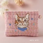 	【秋冬限定】やさしいピンクの猫刺繍ポーチ＊ツイード仕立て