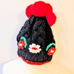 ボンボン　ニット帽　帽子　　ブラック　ニット　フラワー　beleengjuck vintage 可愛い ユーロ　花