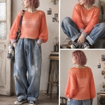 モヘアプルオーバー｜ 透け感ニット｜バイカラーニット｜オレンジ色のモヘア