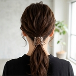 ヘアゴム　やわらかい　バレッタ風　レースアップ　リボン付　レオパード　ズパゲッティ