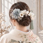 髪飾り くすみブルーグリーンのダリアと林檎の花の髪かざり　タッセル付きヘアアクセサリー　成人式　卒業式　結婚式　振袖　着物　和装　ヘアアクセサリー　かんざし　留袖　前撮り　髪かざり　ウェディング　