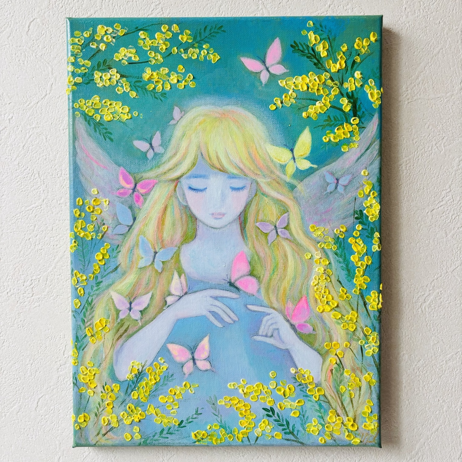テクスチャーアート 花の絵 ピンクベース アクリル画 原画 現代アート