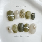 ✦︎Matcha Leaf✦︎ グリーン 緑 抹茶 ゴールド チェック 大人 上品 可愛い 秋 ネイルチップ
