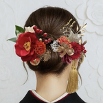 【再販2】椿　華やぐ髪飾り　成人式　前撮り　結婚式　卒業式　ヘアアクセサリー　和玉　金箔　髪飾り　選べるタッセルカラー　ツバキ　つばき