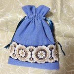 フリル巾着インド刺繍リボン⭐︎ブルー
