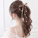 【ブラウン】パール ＆ サテンリボン のポニーフック  ヘアアクセサリー  リボンアレンジ