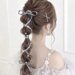 【グレー】パール ＆ サテンリボン の ポニーフック  / ヘアアクセサリー  リボンアレンジ ブライダル ヘアリボン