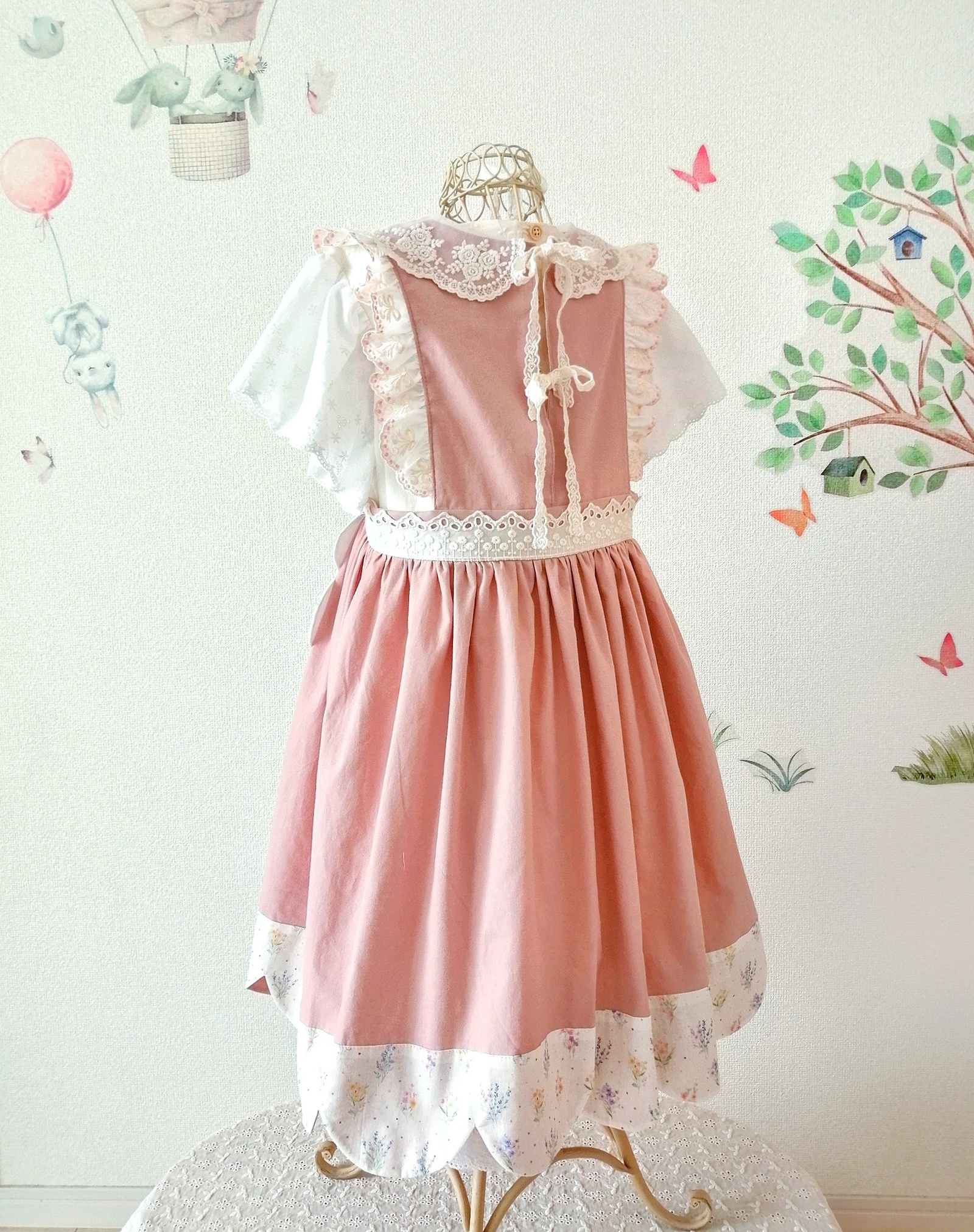 size 110cm もくもく💭エプロンワンピース ブーケ💐 くすみピンク