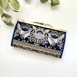 蒼い鳥　インド刺繍リボン　 長財布　クラシカルな華やかさ　スタイリッシュ　がま口