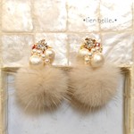 ミンクファー×ビジューピアス・イヤリング/ベージュ×ピンク