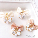 happy day earring＊シルクリボンのパール×ビジューのリースイヤリング＊大人かわいいリボンアクセサリー＊ホワイトorブラウン
