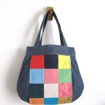 カラフルリネン　四角パッチ　×綿麻　タック＆ダーツ　肩掛けトートBAG 　