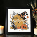 ハロウィン刺繍フレーム　魔女の帽子　ジャック・オー・ランタン　シックな秋のインテリア　玄関飾り　壁掛けオプション可
