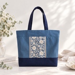 【新作】インド刺繍×帆布/バイカラートートバッグ◆A4対応【アッシュブルー×ネイビー】