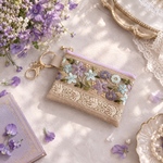 スミレ/インド刺繍×帆布★キーホルダー付きフラットポーチ/マルチケース