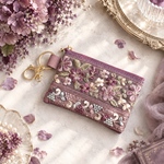葡萄/インド刺繍×帆布★キーホルダー付きフラットポーチ/マルチケース