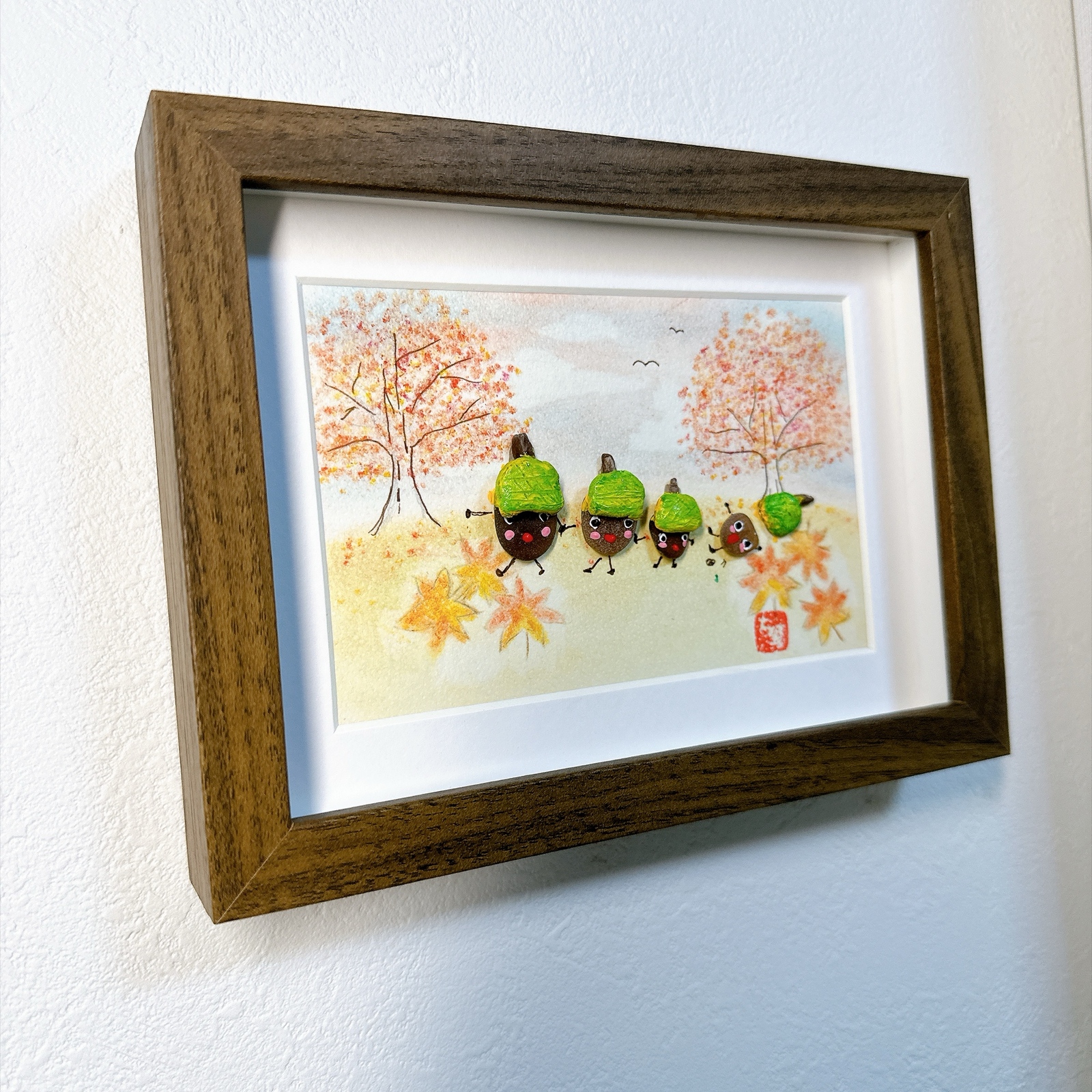 どんぐりの親子／シーグラスアート 原画 一点物 手書きアート 秋