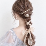 ♥️700【 パール ＆ オレンジブラウン】の ポニーフック ヘアアクセサリー ヘアリボン 結婚式 オーガンジーリボン チュールリボン シアーリボン 卒業式 ブライダル