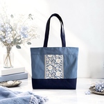 【新作】インド刺繍×帆布/バイカラートートバッグ◆A4対応【アッシュブルー×ネイビー】