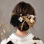 ふわふわシフォン×ゴールド系フラワーの髪かざり　結婚式　卒業式　成人式　花嫁　ウェディング　ブライダル　着物　ヘアアクセサリー