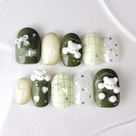 抹茶にメロメロしろくま 🌱🍵🐻‍❄️ サイズオーダーネイルチップ/ベリーショート/3D/立体/ハート/くま/グラデーション/グリーン/チェック柄/リボン/落書き/推し活/うるうる/普段使い