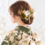 成人式 卒業式 結婚式 七五三 髪飾り 緑 ロープリボン（ 金箔付き ）