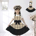 簡単着脱 かわいいエプロン 子供用 キッズエプロン三角巾セット チェック ベージュ 給食エプロン 調理実習 小学生エプロン女の子 フリルエプロン おしゃれ リボン付き 首ゴムひも タータンチェック 
