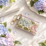 紫陽花/インド刺繍×帆布★キーホルダー付きフラットポーチ/マルチケース