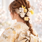 成人式 結婚式 卒業式 七五三 髪飾り 　ちりめん リボン 髪飾り 黄色 オレンジ（ 金箔付き ）