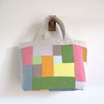 カラーリネン　ランダムパッチ　小さめ　横長トートBAG　♪　麻　