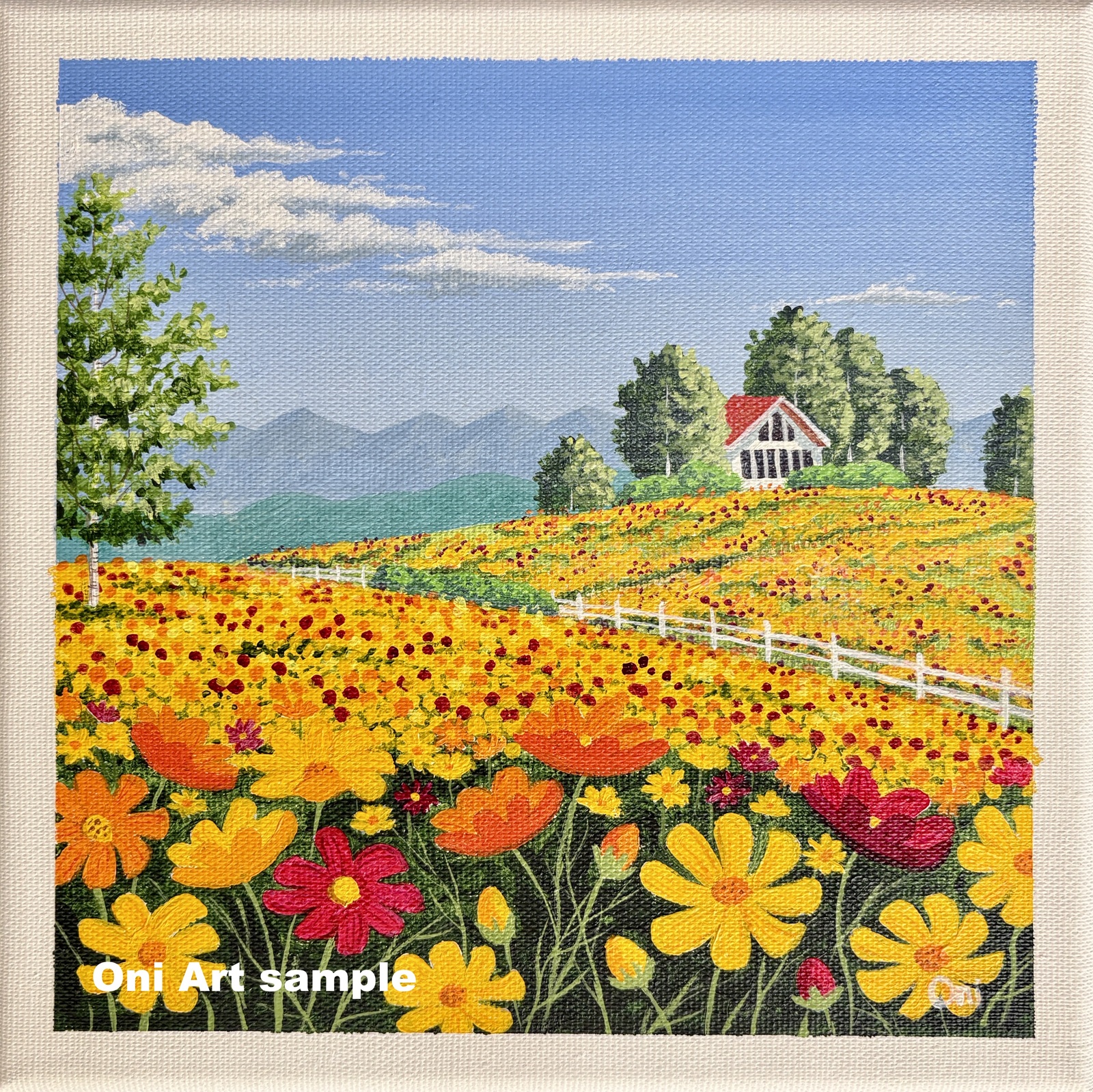 水彩画 アクリル画 原画 「花の咲く路地12」 額縁付き SMサイズ 風景画