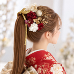 成人式 卒業式 結婚式 七五三 髪飾り ドライフラワー　レッドゴールドmixロープ髪飾り（ 金箔付き ）