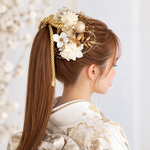 成人式 卒業式 結婚式 七五三 髪飾り ドライフラワー mixロープ髪飾り  (ホワイト、ゴールド) 金箔付き 