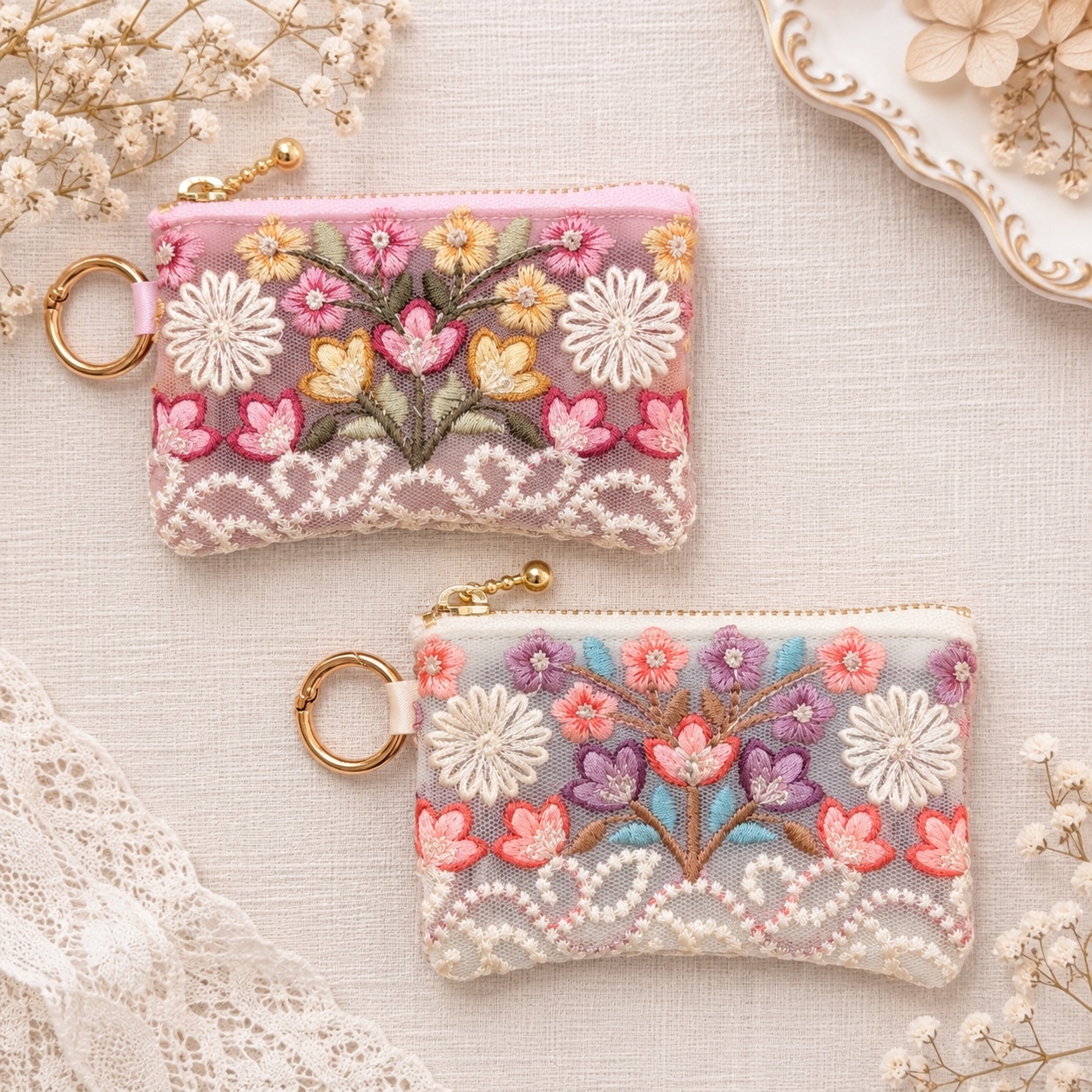 10cmファスナー》インド刺繍リボンのカラビナ付きミニポーチ （送料